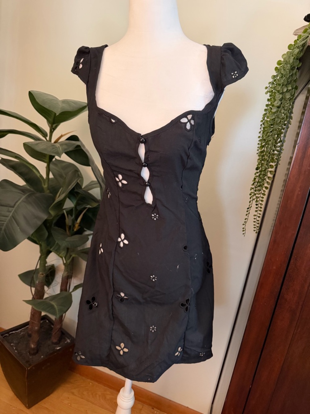 SHEIN Black Floral Eyelet Cutout Mini Dress